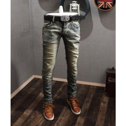 2021 New Vintage Fashion Men Jeans Retro Yellow Wash Elastic Slim Fit Designer Jeans High Quality Streetwear Hip Hop Jeans Men