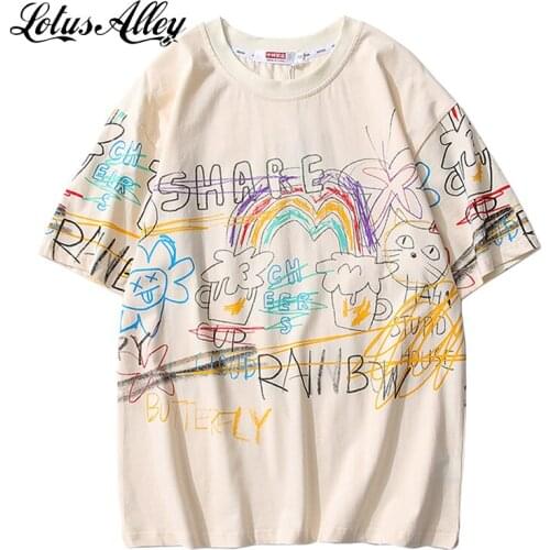 Oversize T-Shirt Woman Harajuku Japanese Streetwear Graffiti Print Short Sleeve Tees Womens Cotton Tshirts Beige Funny T Shirt