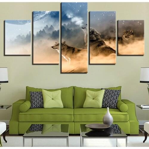 HD Canvas Prints Art Painting For Living Room Wall Decor 5 Pieces Home Decoration Picture wolfs howling in fog Forest blue sky