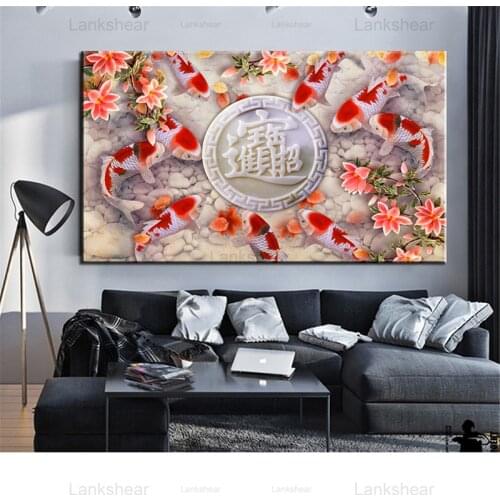 Koi Fish Feng Shui Carp Lotus Pond Pictures Canvas Oil Painting Hd Posters and Prints Cuadros Wall Art Cuadros for Living Room