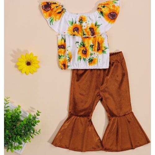 Pudcoco Girl’s T-shirt and Trousers Suit Fashion Sunflower Boat Neck Tops and Solid Color Trumpet Pants 1-4TCute Clothes Suits