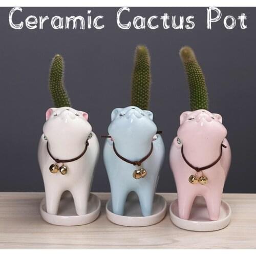 Kitten Ceramic Succulent Pots with Drain Hole Mini Pots for Plants Cactus Plants Containers for Home and Office Decoration