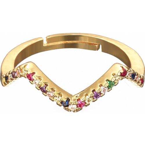 Fashion Womens gold cz V ring adjustable rainbow ring zircons colorful crystal copper ring jewelry gift for woman