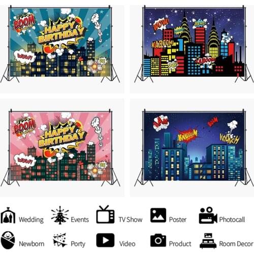 Cartoon Kids Birthday Party Superhero Boom City Background Decoration Photography Studio 3D Digital Photo Backdrop Cloth