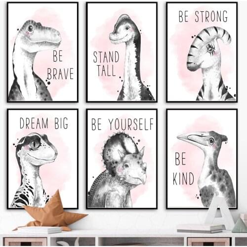 Cartoon Dinosaur Inspirational Quotes Baby Bedroom Wall Art Print Canvas Painting Nordic Poster Nursery Decor Pictures Kids Room