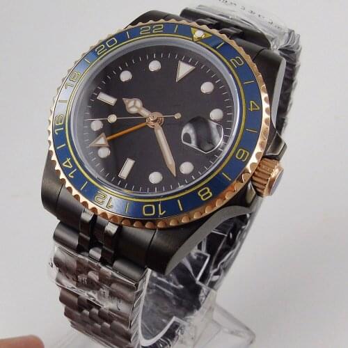 40mm Sapphire Glass Automatic Mens Watch Black Dial jubilee Strap PVD GMT Date Indicator Watch Case Wristwatch