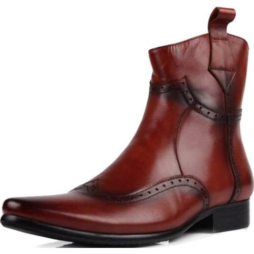 Winter Men Boots Top Quality Genuine Leather Riding Boots Vintage Handmade Pointed Toe Punk Brogue Fashion Biker Shoes