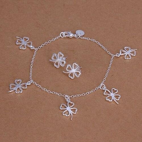 Hot selling 925 jewelry silver plated jewelry set fashion jewelry set Clover Bracelet&Earring Jewelry Set SMTS148
