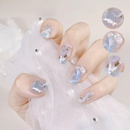 24pcs Blue Ocean Shell Pearl Fake Nails Full cover Fake Nails Glue DIY Manicure Nail Art Tools