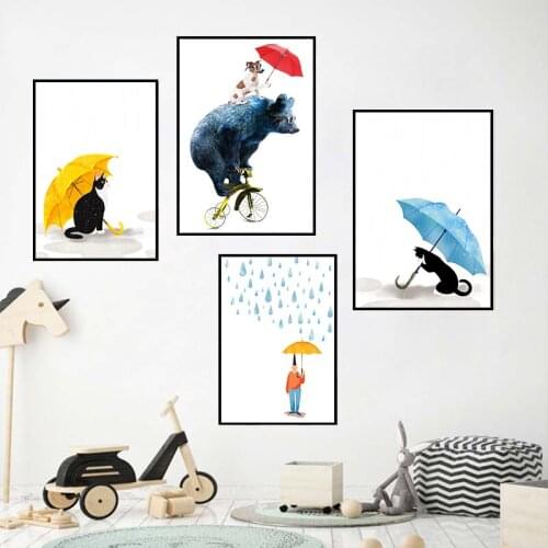 Bear Cat Bicycle Umbrella Wall Art Canvas Painting Nordic Posters And Prints Wall Pictures For Living Room Decor