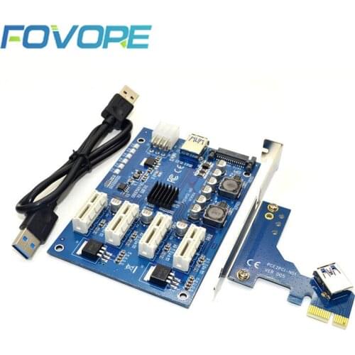 PCIE X1 to 4 PCI-E X16 Expansion Kit 1 to 4 Port PCI Express Switch Multiplier HUB 6pin sata USB Riser Card for BTC Miner Mining