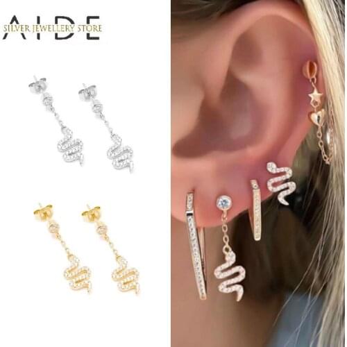 AIDE Punk Snake Zircon Dangle Stud Earrings For Women Girl Piercing 925 Sterling Silver Earrings Fine Jewelry Gift kolczyki