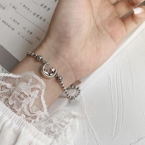 POPACC Vintage Handmade 925 Sterling Silver Moon Star Bracelet Beads Chain Men Women Couple Bracelet Gift Jewelry
