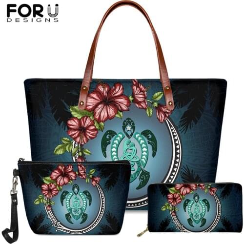 FORUDESIGNS Luxury Ladies Shoulder Bag 3set Hawaii Turtle Polynesian Tribal Hibiscus Plumeria Pattern Women Fashion Handbag 2020