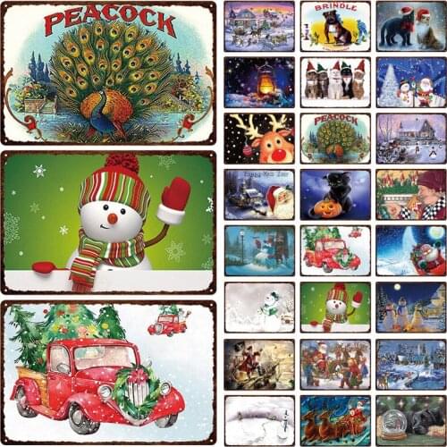 Christmas Tin Sign Poster Santa and Elf Snowman Cute Cat Dog Metal Sign for Home Coffee Restaurant Christmas Day Decor