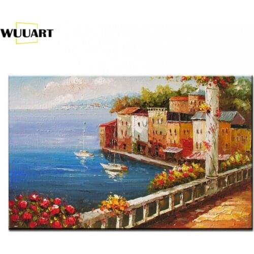 Modern Handmade Oil Painting On Canvas Beautiful Seaside Town Garden Wall Art Picture For Living Room Home Decoration