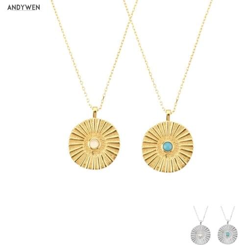 ANDYWEN New 925 Sterling Silver Gold Umbrella Coins Milk Turquoise Coins Pendant Long Chain Women Fashion Large Thick Jewelry
