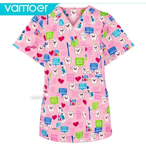 Pink Pure Cotton Scrub Women V Neck Short Sleeve Scrub Tops Tooth printing Scrub Shirt Medical Uniforms Workwear Nursing