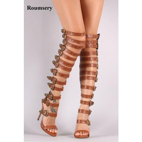 New Design Women Fashion Open Toe Buckle Design Over Knee Gladiator Boots Straps Cut-out High Heel Boots Dress Shoes