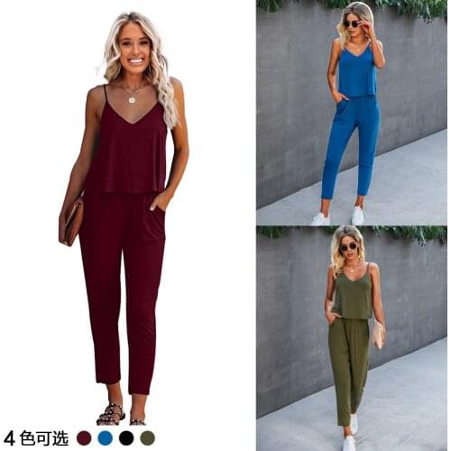 Jumpsuit Women 2021 New Arrival Summer Condole Belt v-neck Backless Jumpsuits Female Pure Color Pocket womens ONYLK212S4138