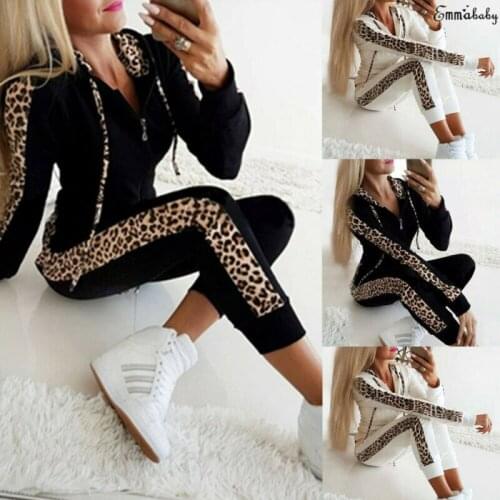 2pcs Women Set 2019 Side Leopard Print Sport Tracksuit Zipper Long Sleeve Hooies Coat+Long Pants Casual Sets Autumn Winter Suit