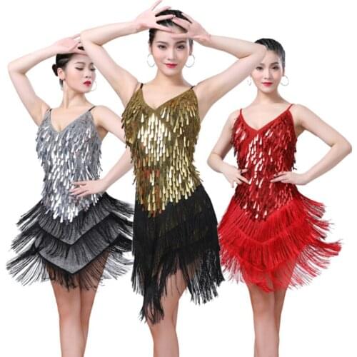 New Adult Ladies Professional Sequins Party Ballroom Latin Tango Jazz Modern Salsa Dance Dress Fringe Skirt 9Colors