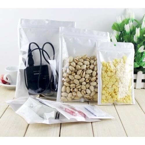 100pcs White Pearlized BOPP Pearlised film plastic bag with hanging hole and self sealing bag thickness 0.14mm two layers