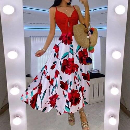 40# Floral Printed Strap Dress Women V-neck Strapless Dress Holiday Party Dresses For Women 2021 Elegant Bohemia Summer Dress