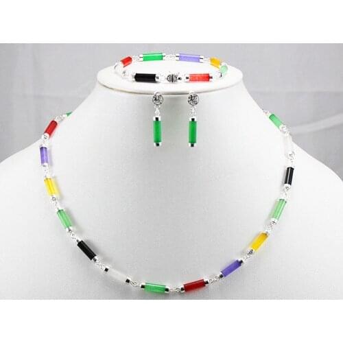 Free Shipping Mixed-Jades 925 Sterling Silver Earring Bracelet Necklace Set +box 43CM