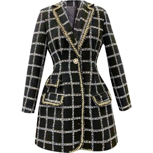 New arrival Fashion Elegant Women small fragrance Plaid blazer women Slim Long Tweed Woolen Outerwear
