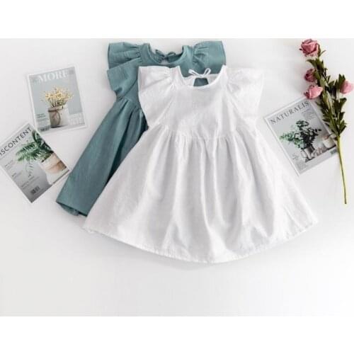 2021 Summer Children Dress Kid Lace Up Fly Sleeve Cotton Linen Breathable Solid Color Round Neck One Piece A Line Girls Dresses