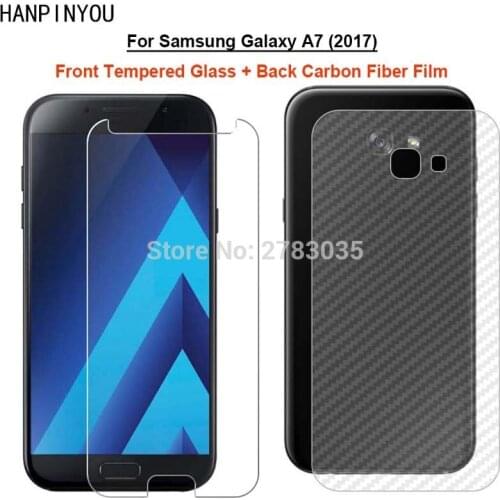 For Samsung Galaxy A7 2017 A720 1 Set = Soft Back Carbon Fiber Film + Ultra Thin Premium Tempered Glass Front Screen Protector