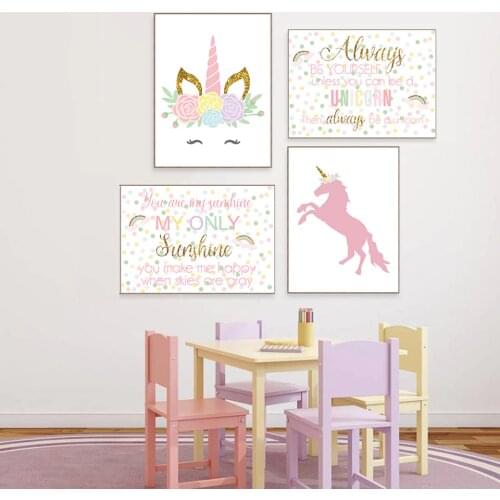 Home Decor Nordic Style Canvas Modern Unicorn Letter Painting Pictures Wall Art Prints Watercolor Modular Poster For Girl Room