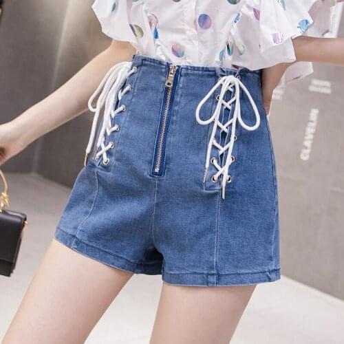 2021 Denim Shorts Womens Blue Women Short Jeans Bandage Zipper Vintage High Waist Shorts Women Summer