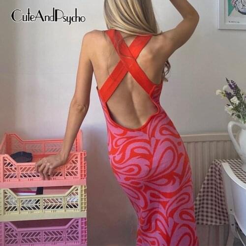 Elegant Backless Y2K Knitted Maxi Dresses Vintage Harajuku Print Sexy Beach Boho Dress Korean Aesthetic Cute Dress Cuteandpsycho