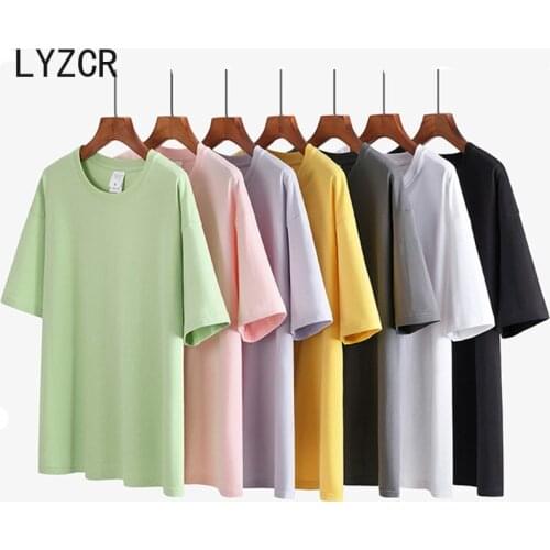 LYZCR White T Shirt Women Cotton Loose Solid Basic T-Shirt Women Casual O-neck Harajuku Summer Korean Style T Shirt For Ladies