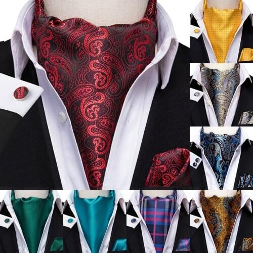Hi-Tie 100% Silk Adult Mens Cravat Ascot Tie Set Black Red Paisley Ascot Cravat for men Scrunch Self British Gentleman Scarve