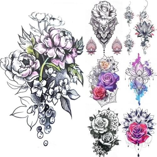 Cherry Blossoms Fake Temporary Tattoos For Women Men Colorful Lotus Tattoo Sticker Rose Mehndi Henna Flower Tatoos Body Art Hand