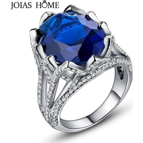 JoiasHome Womens Luxury Silver Ring For Charm Lady With 21mm Oval Blue 926 Sapphire Gemstones Wedding Party Gift Size 6-10