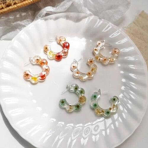 Minar Sweet Korea Candy Color C Shape Flower Earrings for Women Girls Summer Cute Floral Hoop Earrings Party Holiday Jewelry