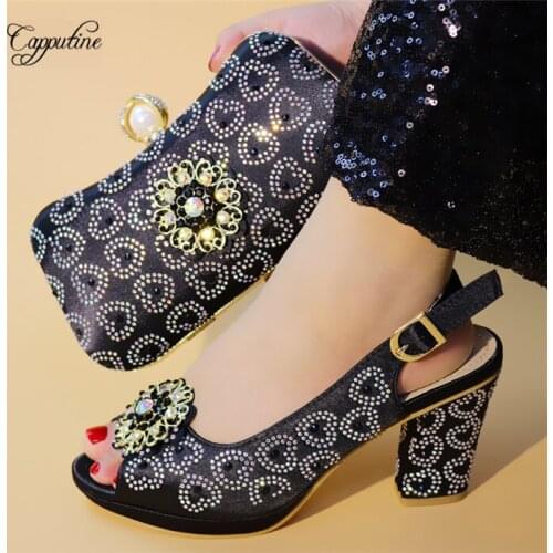 Fashion high heel black sandal shoes and evening handbag set with nice stones for partY T9932, heel height 9.3cm