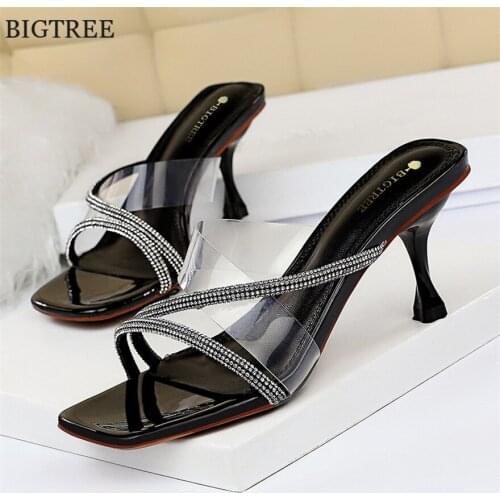 Women Summer High Heels Bling Slippers Patent Leather Open Toe Female Shoes Sandals Transparent Crystal Sexy Black Ladies Slides