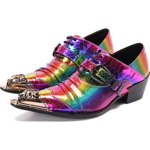 Fashion Design Plus Size Men Colorful Patent Leather Shoes Metal Pointed Toe Mens Lace-up Buckle Party Oxfords Shoes Party