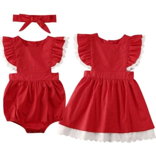 Sister Matching Outfit Kid Baby Girl Romper Dress Xmas Clothes Ruffles Lace Sleeve Solid A-Line Dress Or Rompers