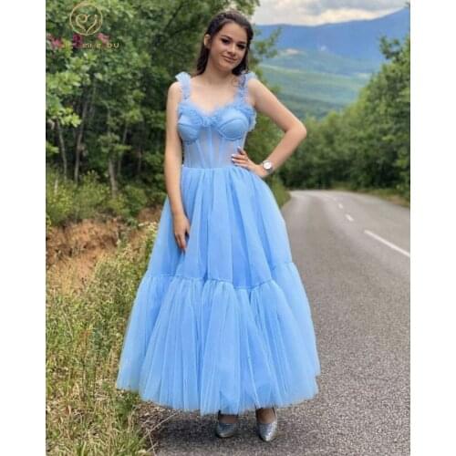 Sky Blue Prom Dresses 2021 Ankle Length Tulle Simple V Neck See Through Illusion Ball Gown Ruffles Evening Gown Graduation Party