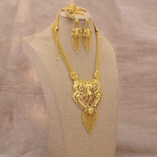 Luxury Women Dubai 24k Gold Color Jewelry sets India Ethiopia African Bride wedding gifts Necklace Earrings Bangles Rings sets