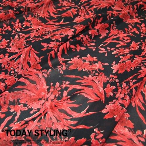 LEO&LIN Large Wide Black Red Flower Elastic Silk Georgette Chiffon Silk Clothing Fabric DIY Patchwork Tissue