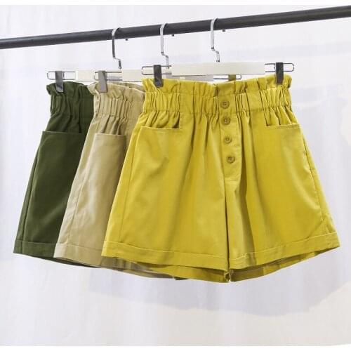 Women Korean Style Sweet Girls Solid Cotton Wide Leg Shorts Summer Elastic Waist Loose Casual Short Pants With Pocket Robe