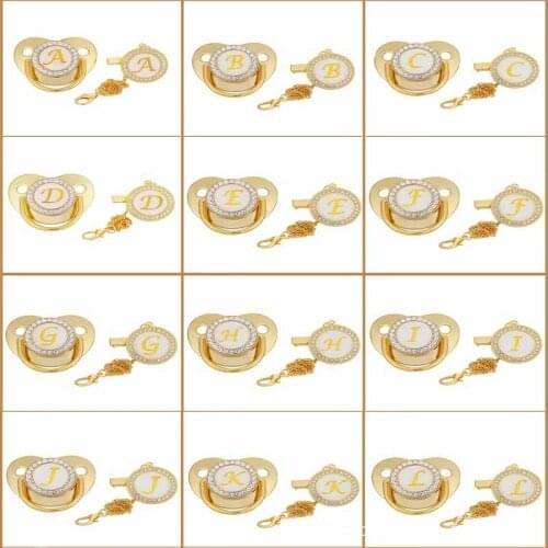 Initial Letter Baby Pacifier Clips Gold Bling BPA Free 26 Letters Name Silicone Infant Nipple Newborn Dummy Soothe Babies
