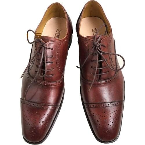 Sipriks Mens Goodyear Welted Shoes Handmade Sewing Sole Classic Brogues Dess Oxfords Church Shoes Cap Toe Wine Rend Black OX47